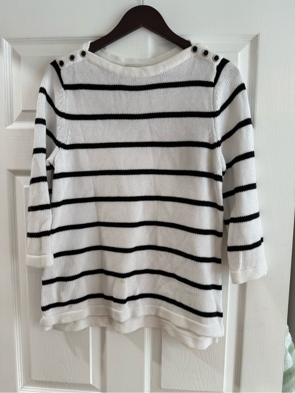 Christopher & Banks White Sweater with Black Stripes and Shoulder Buttons